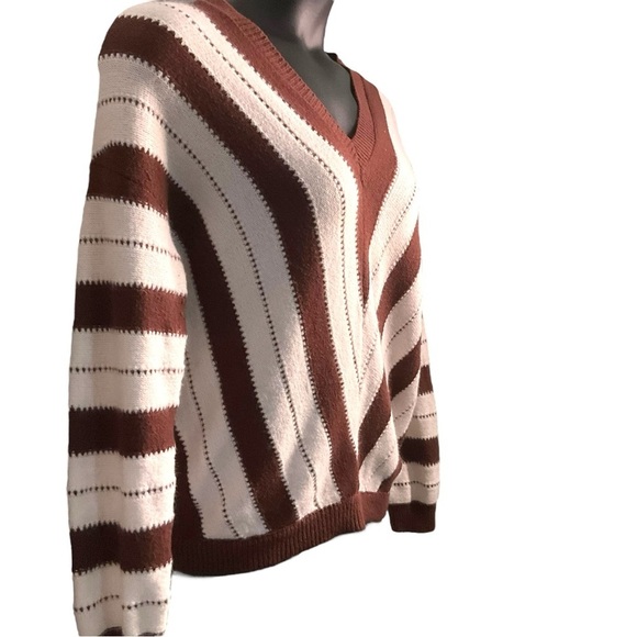 PrettyGarden‎ Chevron Brown Cream Crew Neck Sweater Soft Knitted Pullover SZ M - Picture 4 of 9